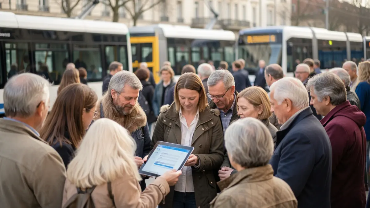 Image générique de personnes participant à une enquête sur une tablette, avec des transports en commun flous en arrière-plan.