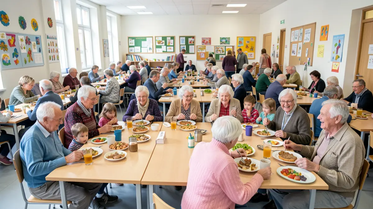 Générique : des seniors et des enfants partageant un repas dans une cantine scolaire.