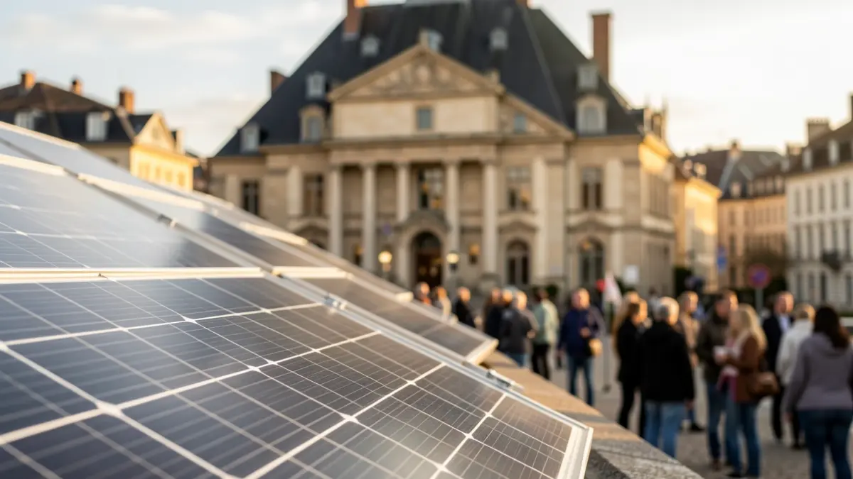 Generic image of a solar panel on a rooftop with a blurred town hall facade in the background. NEVER use proper names. NEVER claim it shows the real thing.