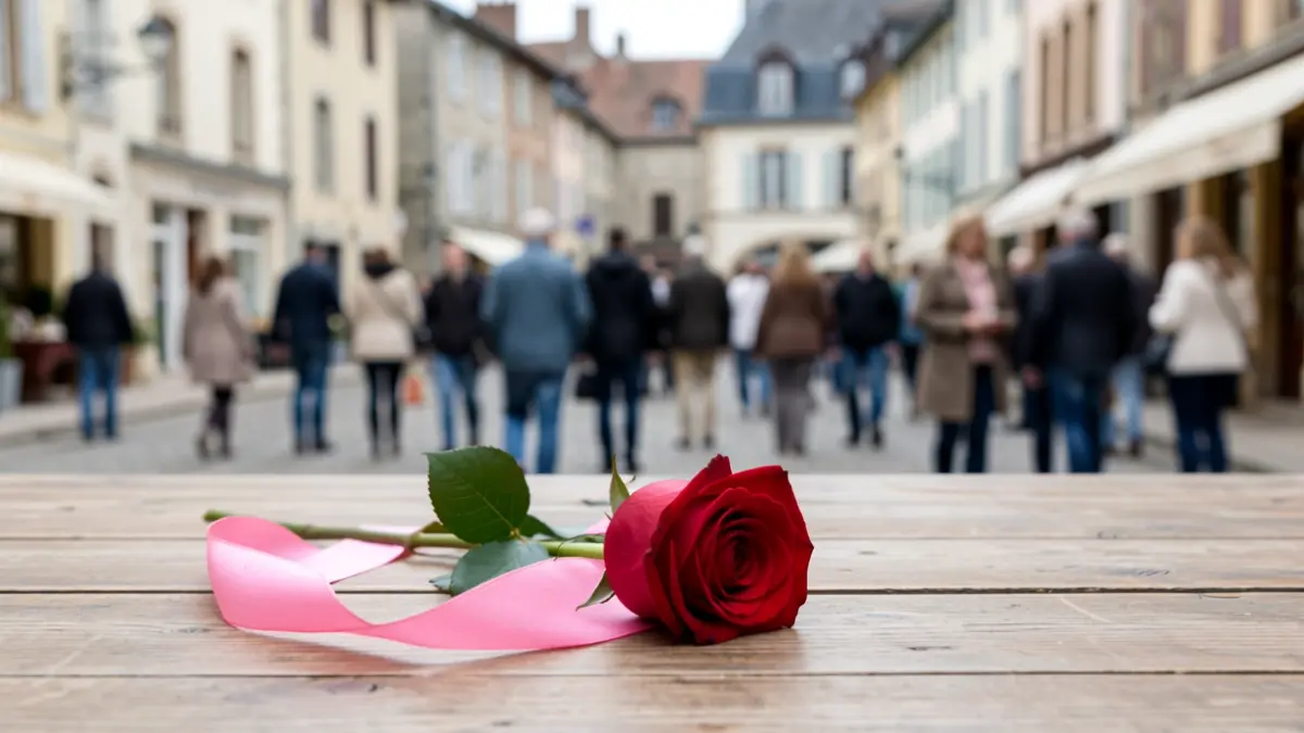 Generic image of a pink ribbon and a rose on a table.