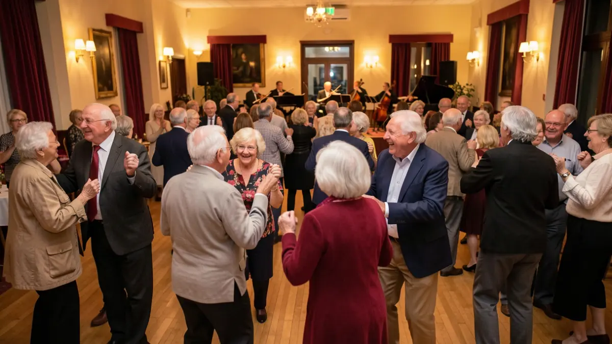 Generic image of a lively tea dance in a reception hall.