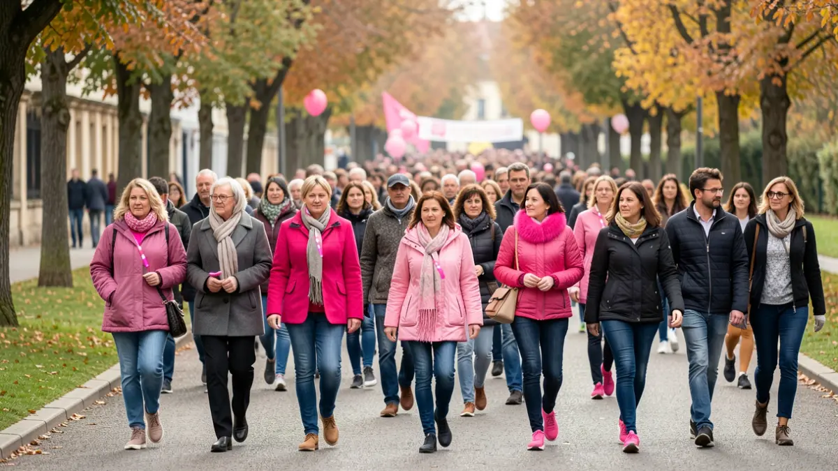 Image générique d'une marche caritative sur le thème du rose, avec des participants souriants et des éléments d'automne.