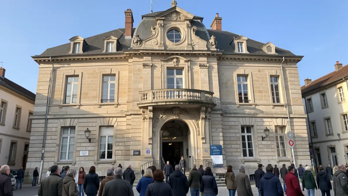 Generic image of a stone town hall facade in the Auvergne-Rhône-Alpes region, with an ornate balcony and a clear blue sky.