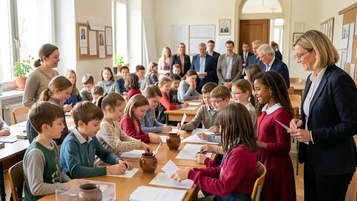 Generic image of middle school students participating in a class delegate election, with ballot boxes and voting booths.