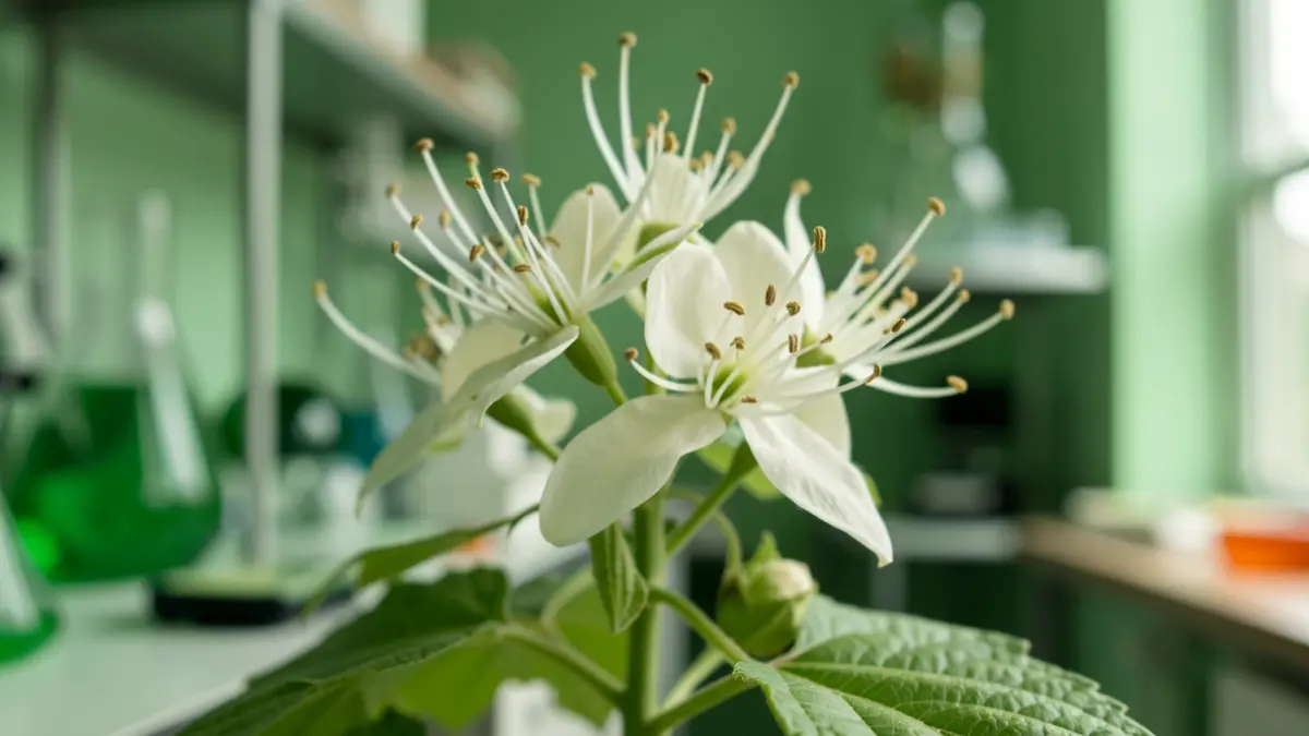 Gros plan d'une plante en fleur avec des structures reproductives complexes, lumière naturelle douce, style illustration botanique.