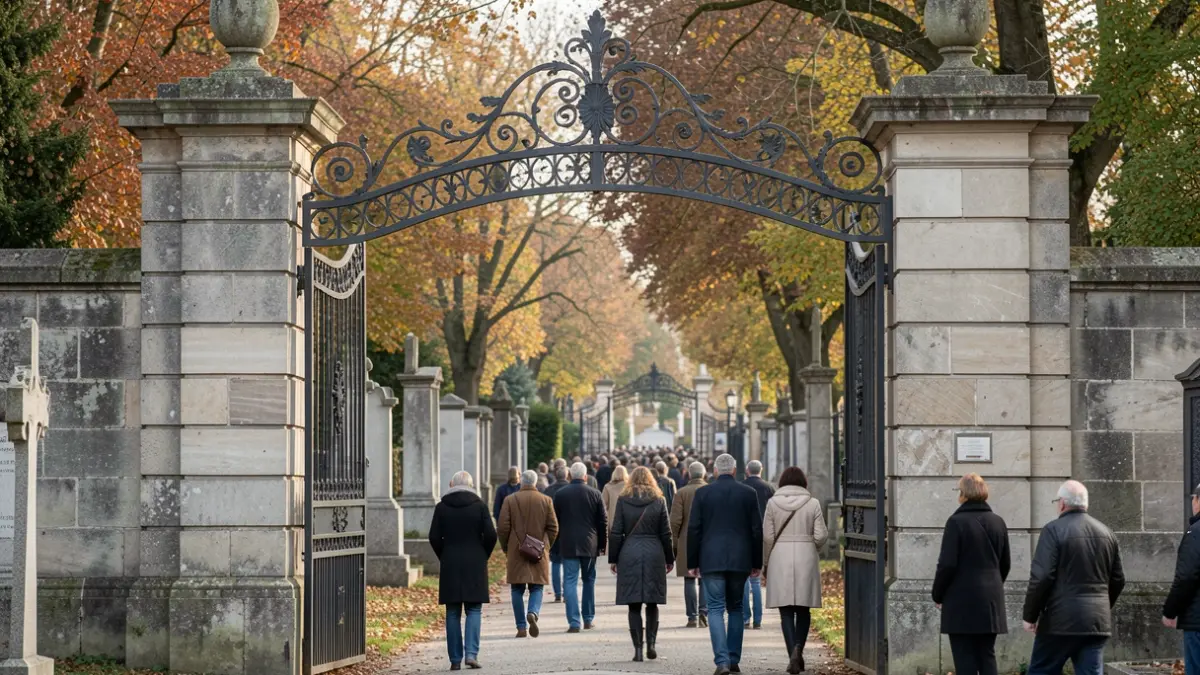 Generic image of a cemetery entrance with an iron gate and stone pillars.