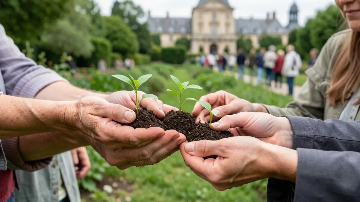 Generic image of diverse hands holding green seedlings, with a blurred background of a green landscape and a hint of a town hall facade, symbolizing community involvement in nature preservation.
