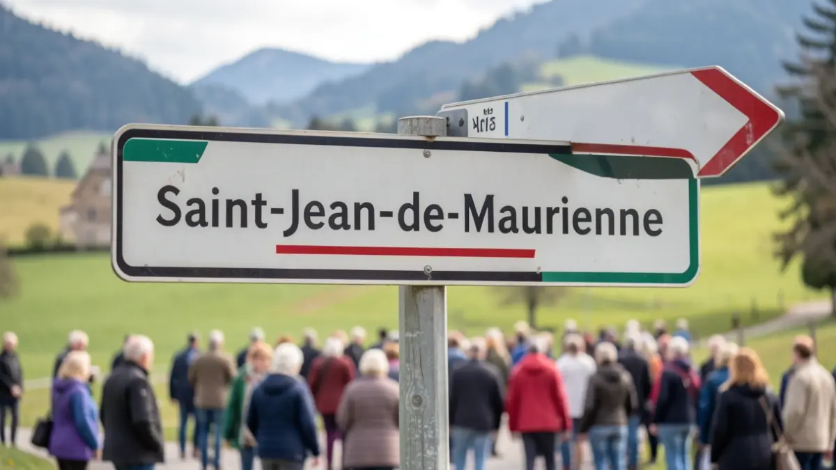 Signpost indicating Saint-Jean-de-Maurienne with a blurred rural landscape in the background.