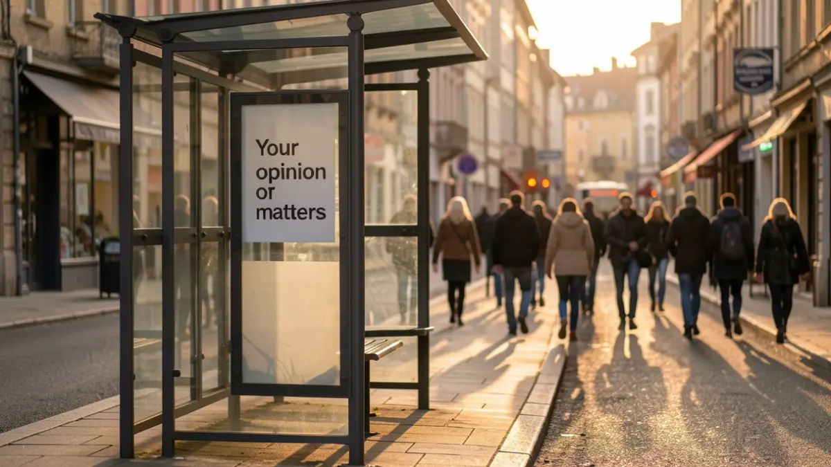 Generic image of an empty bus stop with a sign saying 'Your opinion matters', evening light, town.