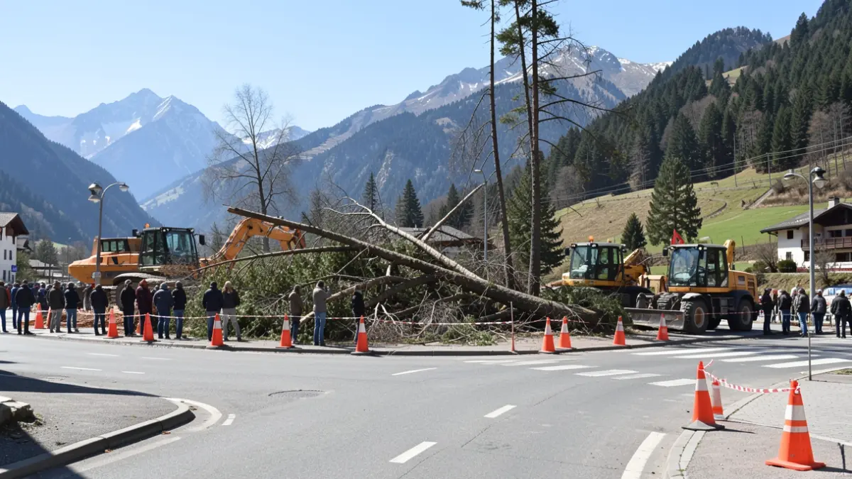Generic image of roadworks at a mountain intersection, with construction equipment and safety elements.