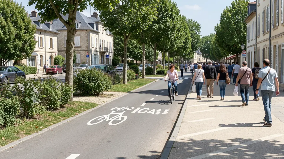 Generic image of a pedestrian and cycle path in a French town, with trees and houses in the background.