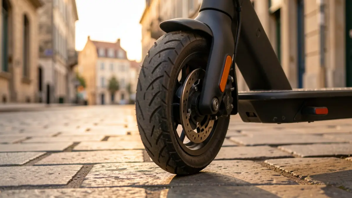 Gros plan sur la roue d'une trottinette électrique garée sur un trottoir pavé dans une ville française, lumière chaude du soir projetant des ombres douces, aucun texte visible.