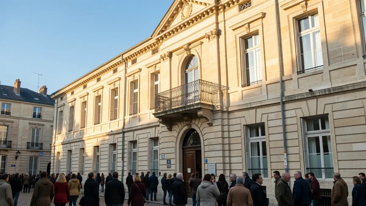 Façade d'un hôtel de ville français en pierre claire, avec balcon et rambardes en fer forgé, sous le soleil de l'après-midi.