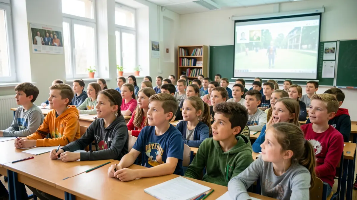 Generic image of children in a classroom watching a film, optimistic and engaged atmosphere.