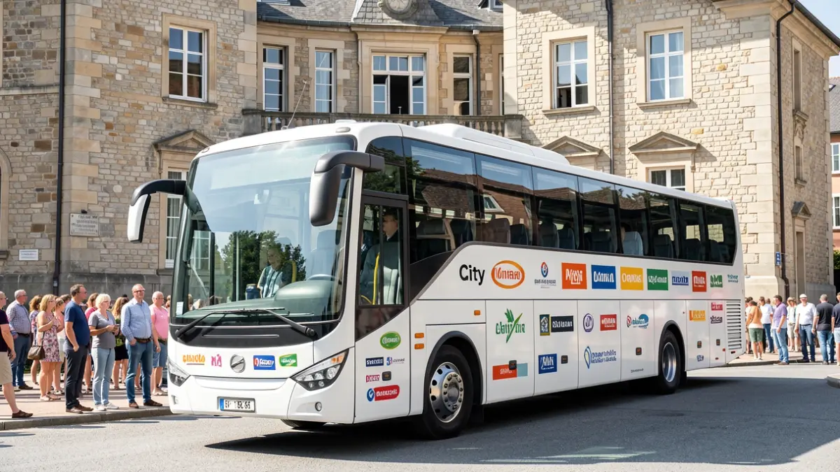 A brand new Citybus decorated with sponsor logos, parked in front of the Saint-Paul-Trois-Châteaux town hall.