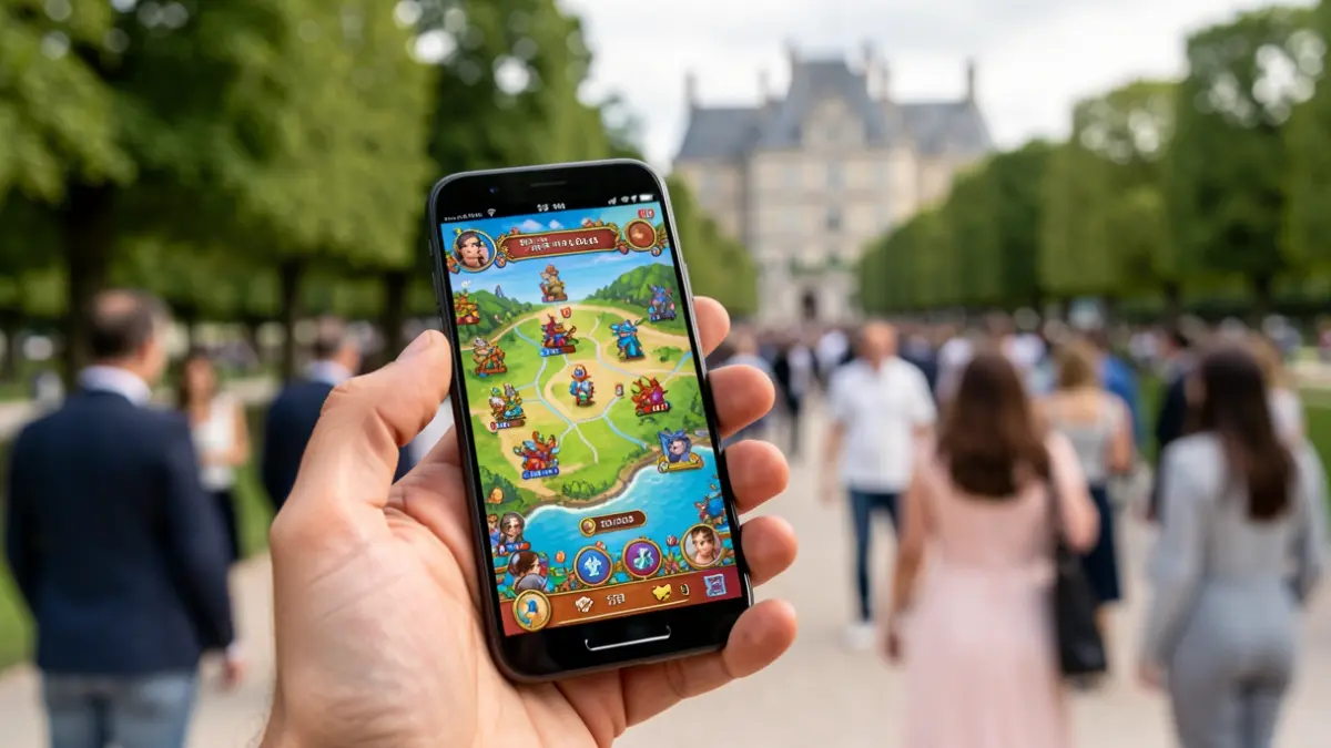 Hand holding a smartphone displaying the Les Gnolus game in the park of the Bouchet castle in Fareins.