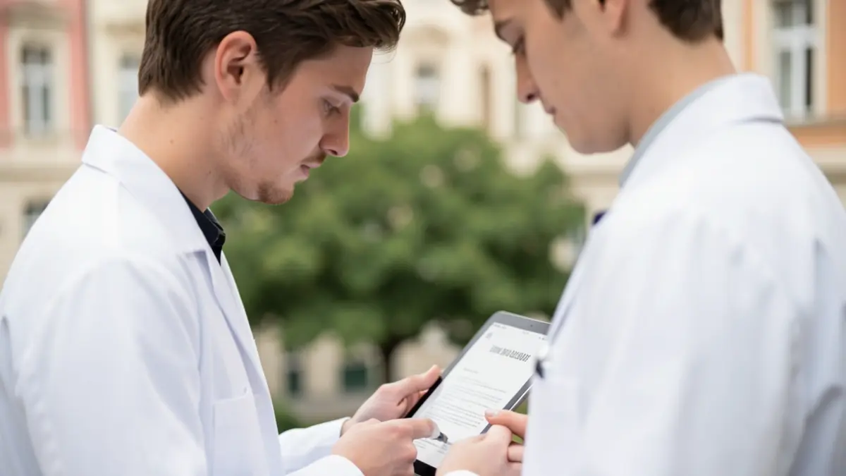 Generic image of a student consulting a questionnaire on a tablet, with a blurred background of urban greenery and building facades.