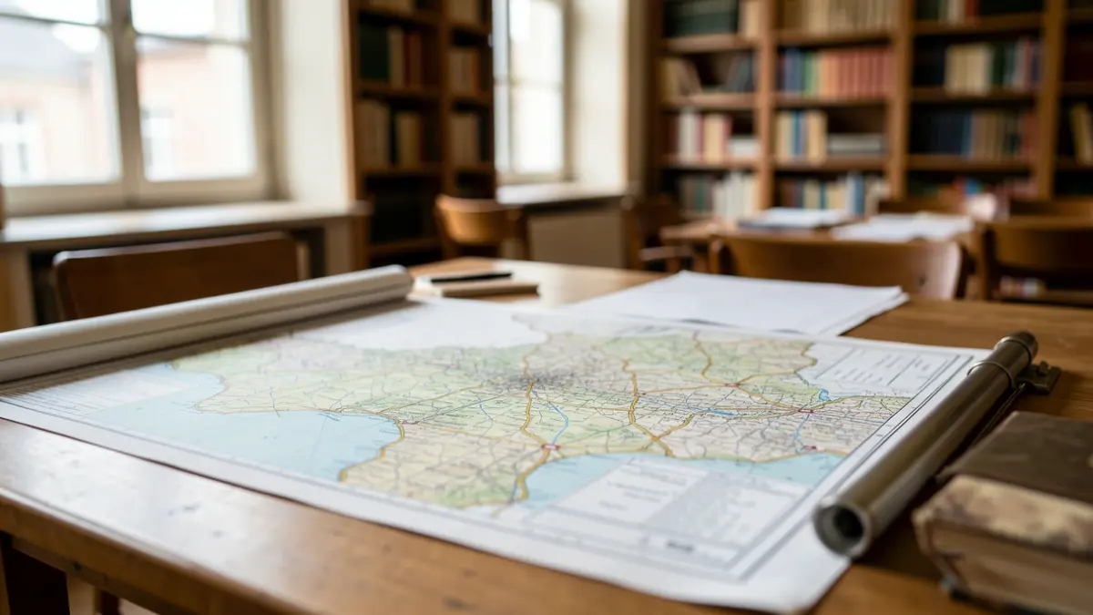 Close-up of a cartography tool or a detailed map on a wooden desk, with a blurred background of a university library. Soft natural light.