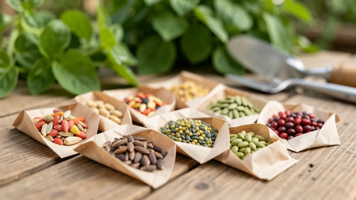 Image générique de sachets de graines colorées disposés sur une table en bois, avec un arrière-plan flou d'outils de jardinage.