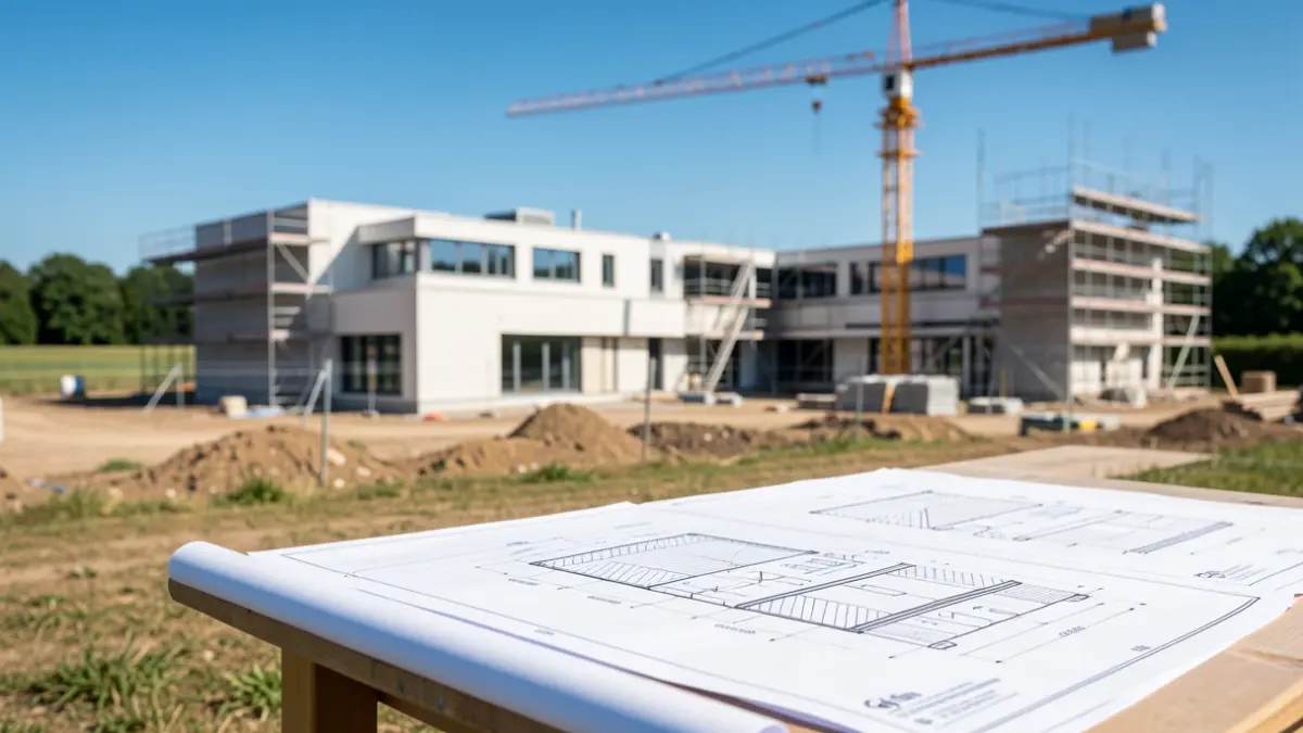 Construction site of a modern medical facility in Ardèche, with plans on a table.