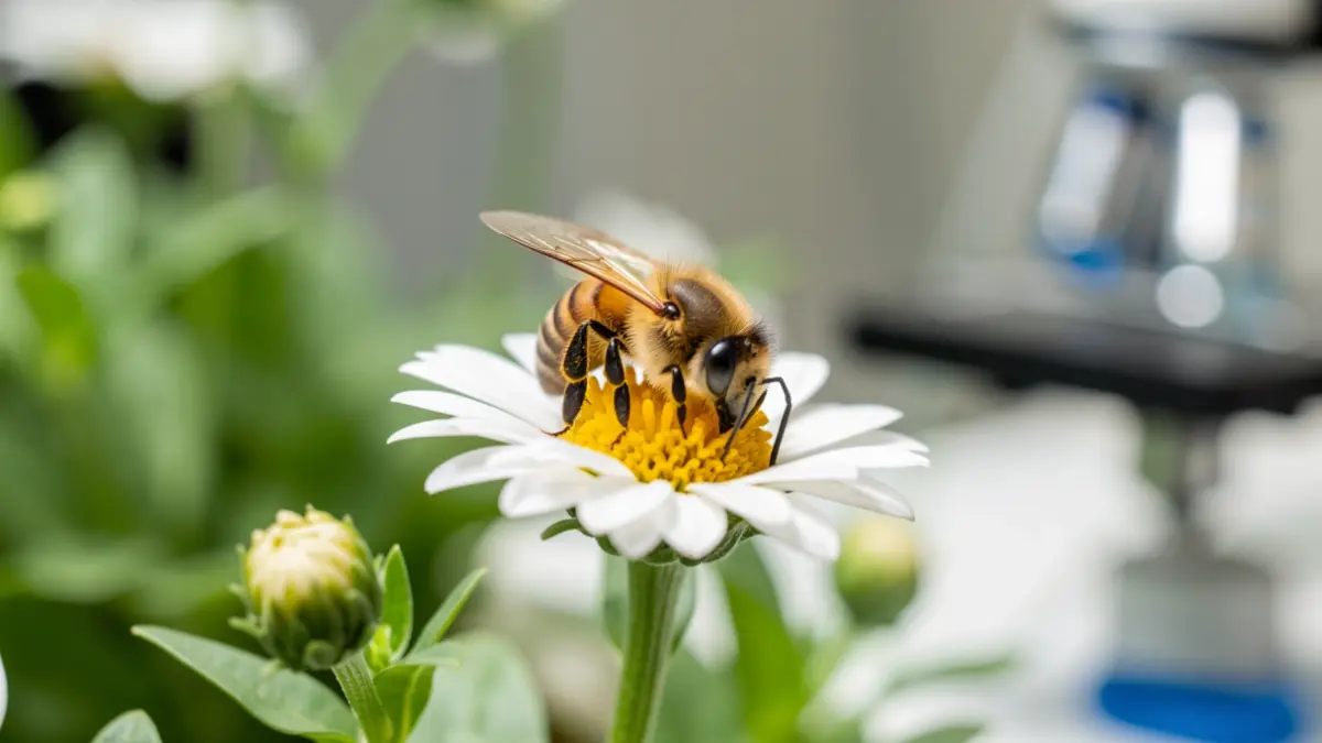 Generic image of a bee on a flower, with a blurred background suggesting a research setting.