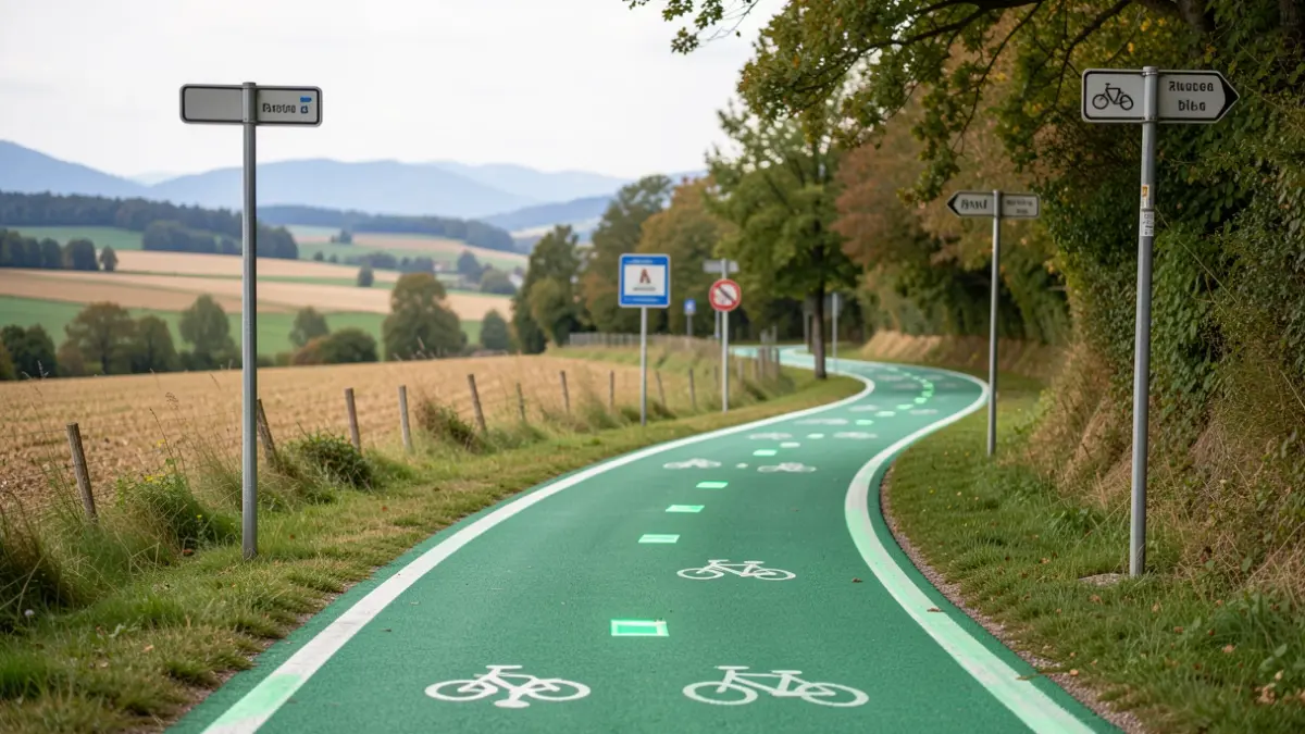 Image générique d'une voie verte avec signalisation et marquage photoluminescent, traversant un paysage rural.