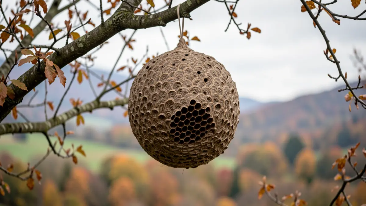 Image générique d'un nid de frelons asiatiques de grande taille suspendu en hauteur dans un arbre en automne.