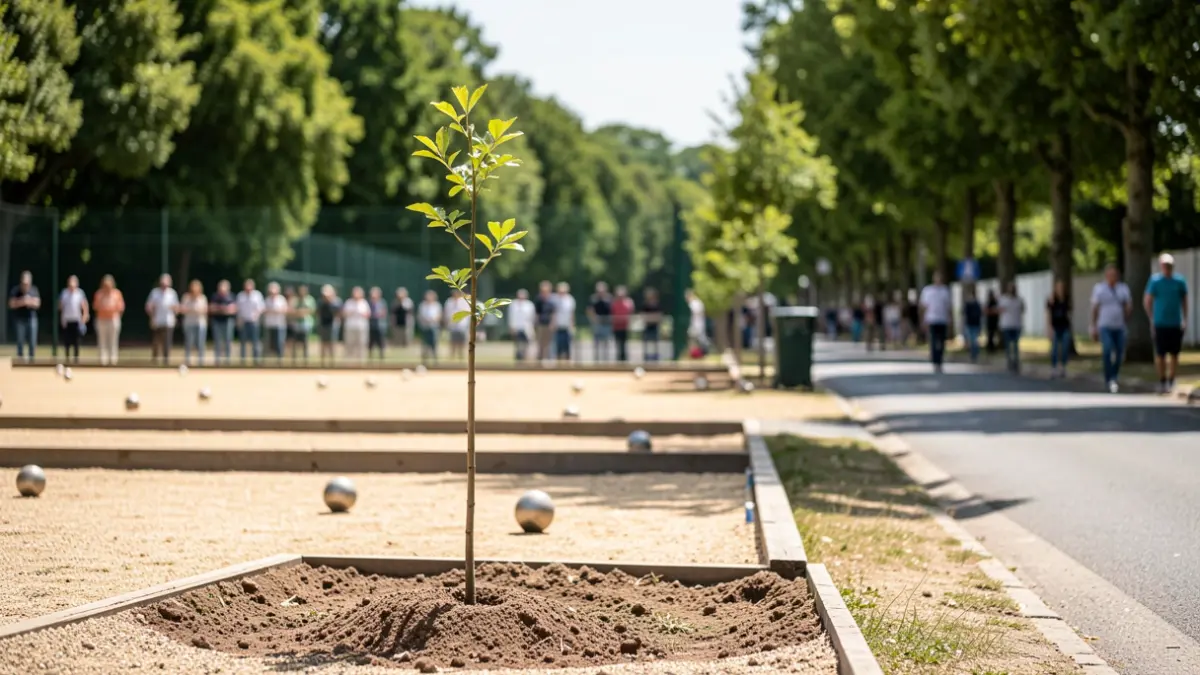 Planting of a young tree near a pétanque court in Valencin, Isère.