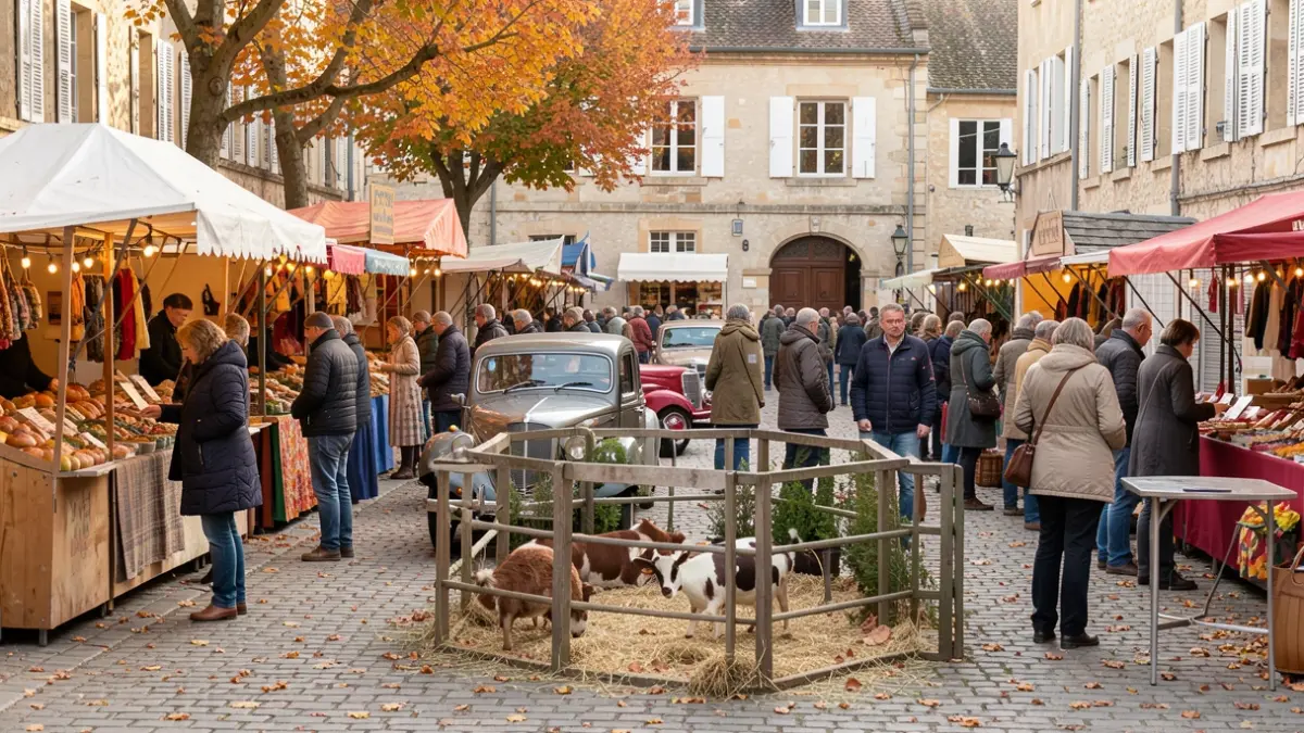 Image générique d'une foire d'automne dans un centre-ville français, avec des stands et des animations.