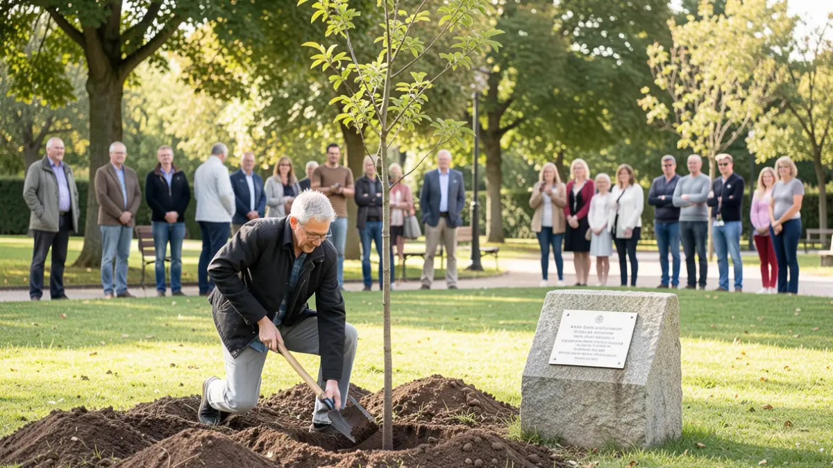 Image générique d'un arbre planté avec une plaque commémorative dans un parc public, symbolisant un hommage.