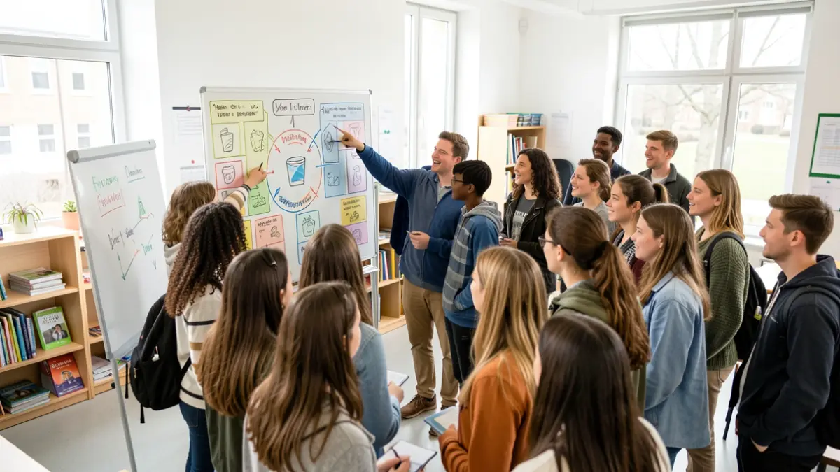 Image générique d'un groupe d'élèves et d'enseignants dans une salle de classe, discutant de la réduction des déchets.