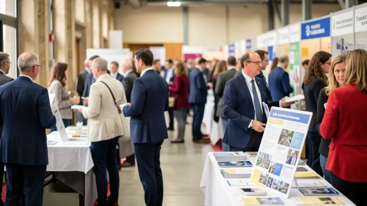 Generic image of a job fair with blurred people in the background, in a professional atmosphere.