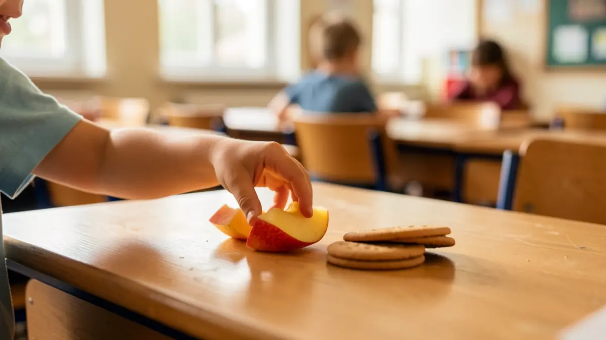 Image générique d'un goûter scolaire composé d'un fruit et d'un biscuit.