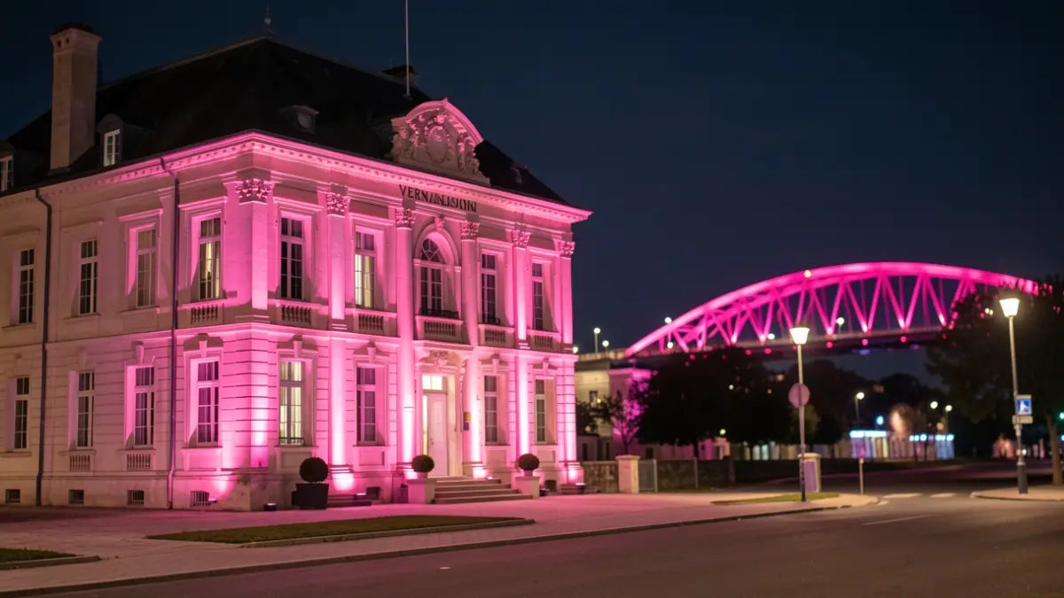 The facade of the Vernaison town hall and the bridge illuminated in pink for October Rose.