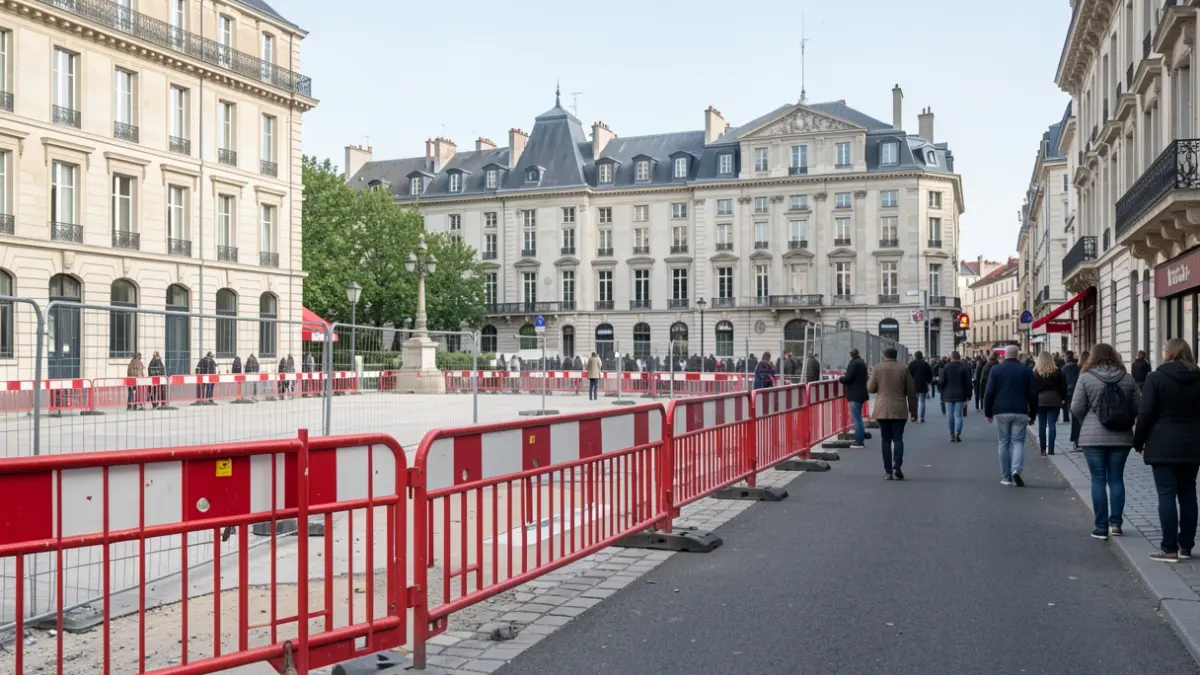 Generic image of construction site barriers closing off a public square in a French town, separating the work area from the street.