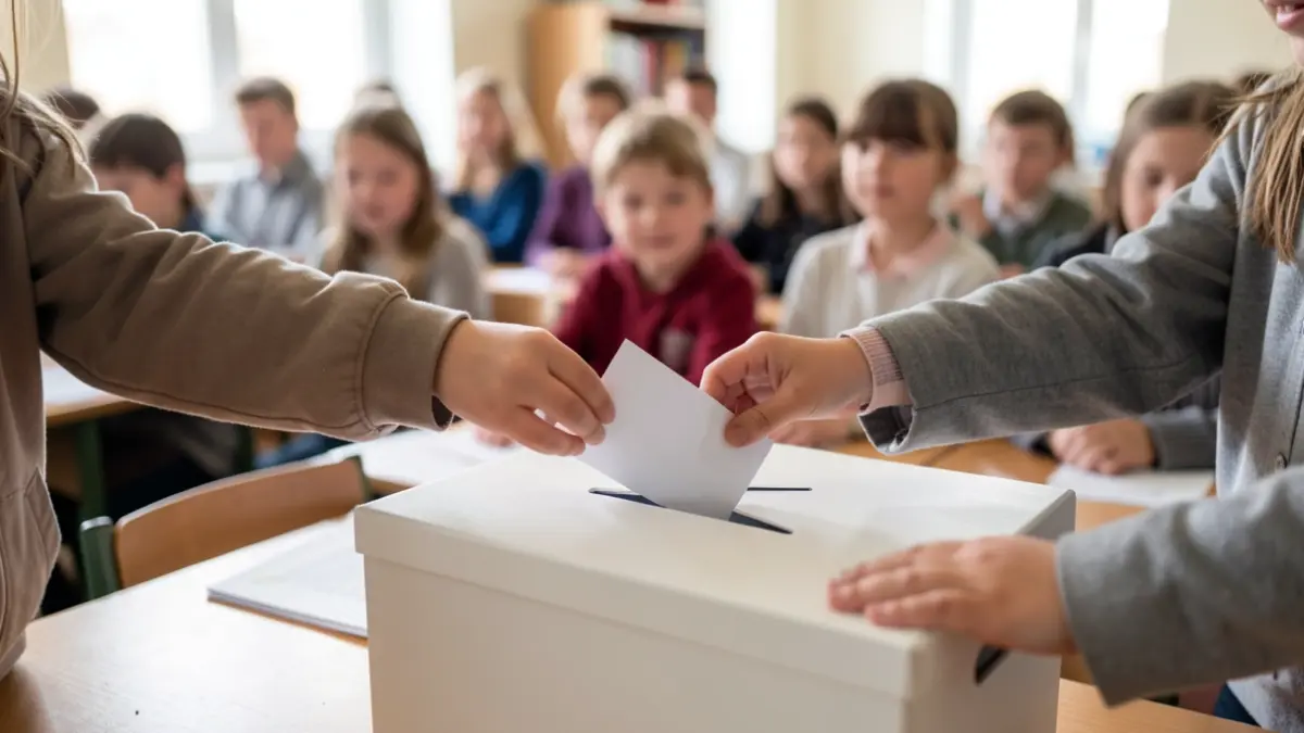 Generic image of children's hands casting votes into a ballot box in a classroom.