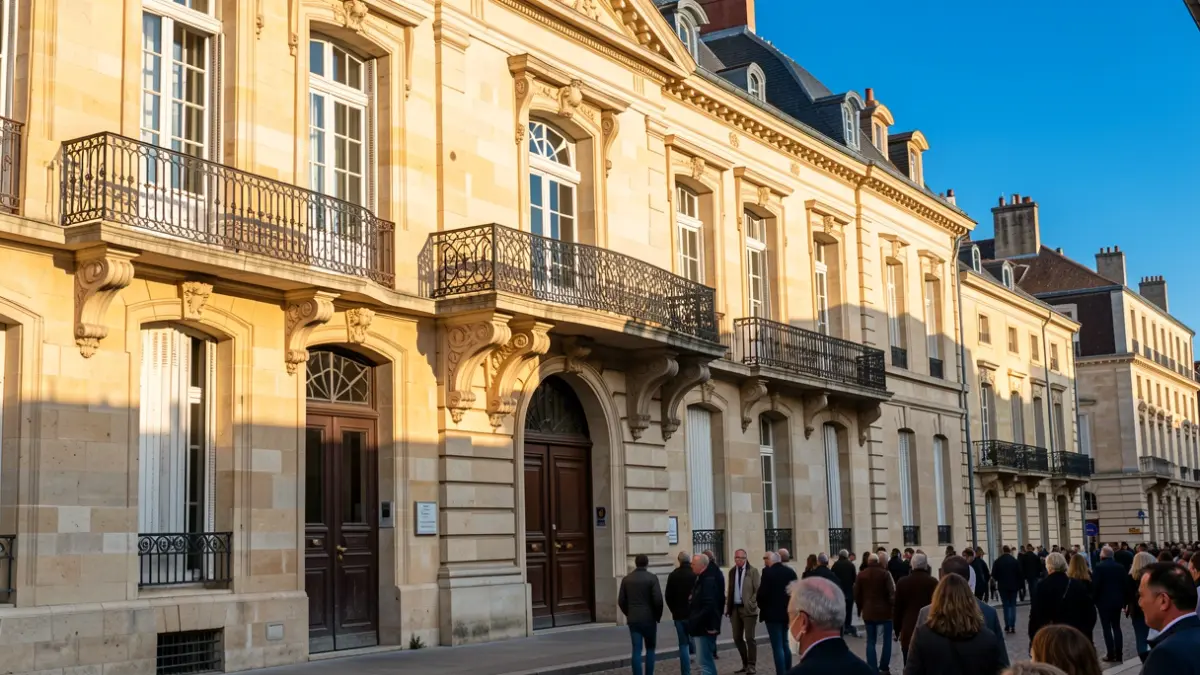 Facade of the Vichy town hall with ornate balcony and iron railings, warm afternoon sunlight.