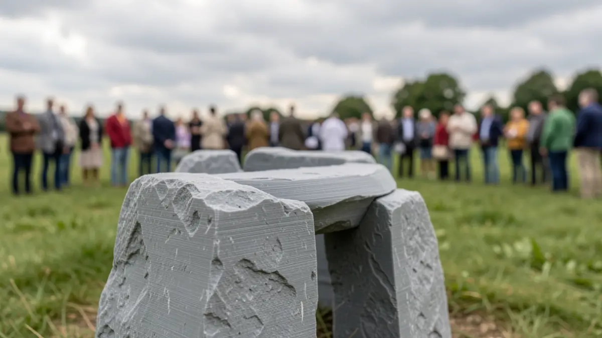 Image générique d'une sculpture abstraite ressemblant à une pierre grise, avec un arrière-plan flou de nature.