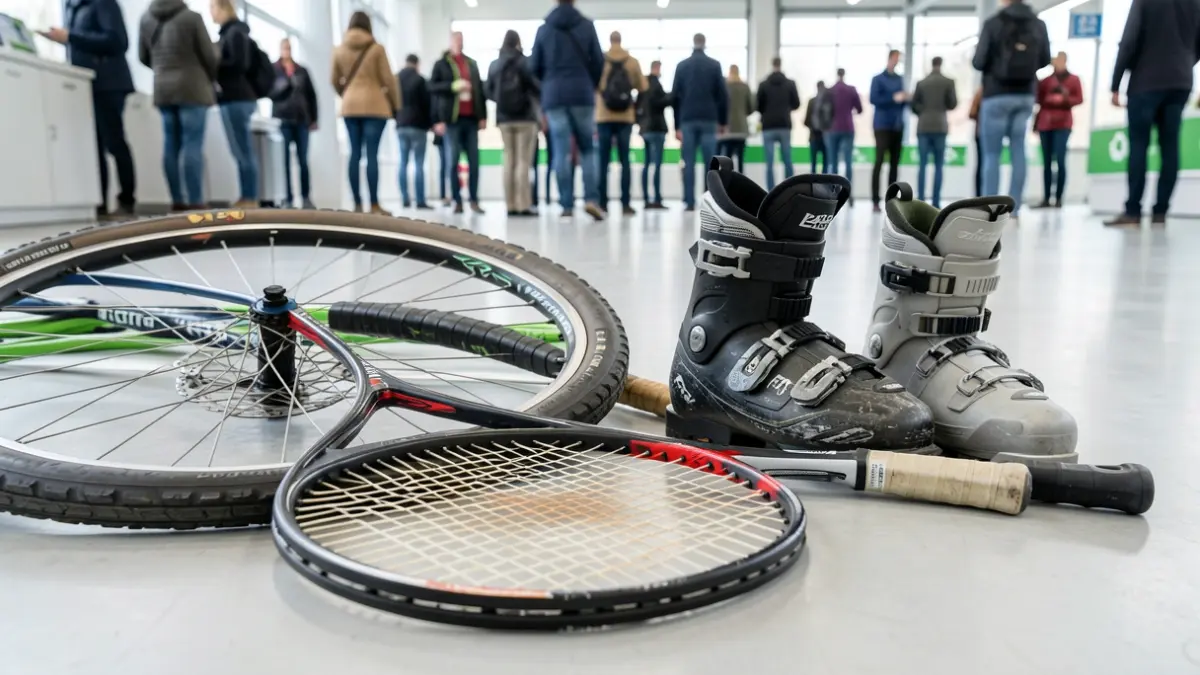 Generic image of various used sports and leisure items, such as a bicycle wheel, a tennis racket, and ski boots, arranged on the floor of a recycling center.