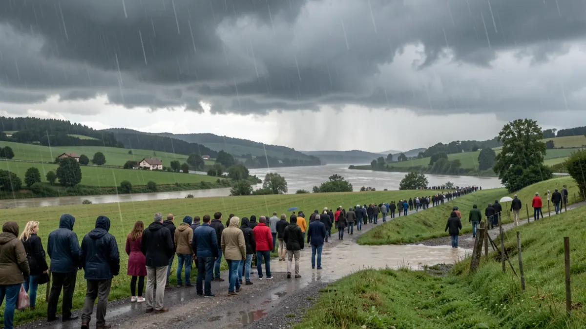 Generic image of heavy rain and storms over a rural landscape in the Auvergne-Rhône-Alpes region, with a river visible in the distance.