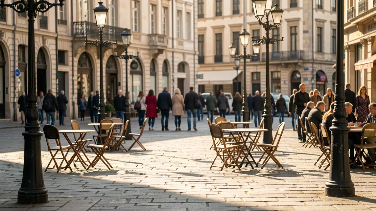 Pierre Chabert square in Villard-de-Lans after renovation, with street furniture and lighting.