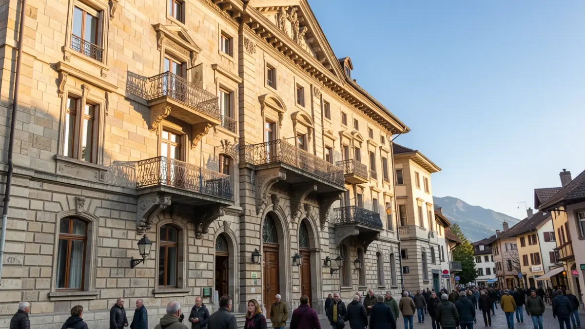 Generic image of a stone town hall facade in the French Alps, with ornate balconies and iron railings, bathed in the warm light of a late afternoon sun.