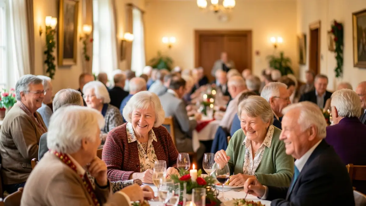 Generic image of seniors participating in a festive gathering, with blurred background elements suggesting a community hall or event space, warm and joyful atmosphere, soft lighting.