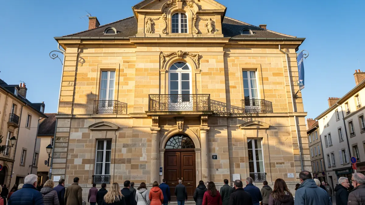 Image générique de la façade d'une mairie en pierre de la région Auvergne-Rhône-Alpes, avec balcon et rambardes en fer forgé, sous le soleil de l'après-midi.