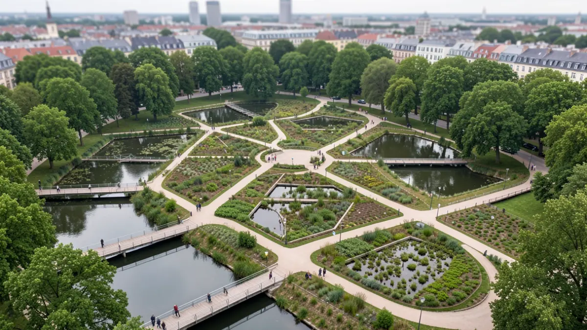 Generic image of an urban park designed for rainwater management, featuring paths and green areas.