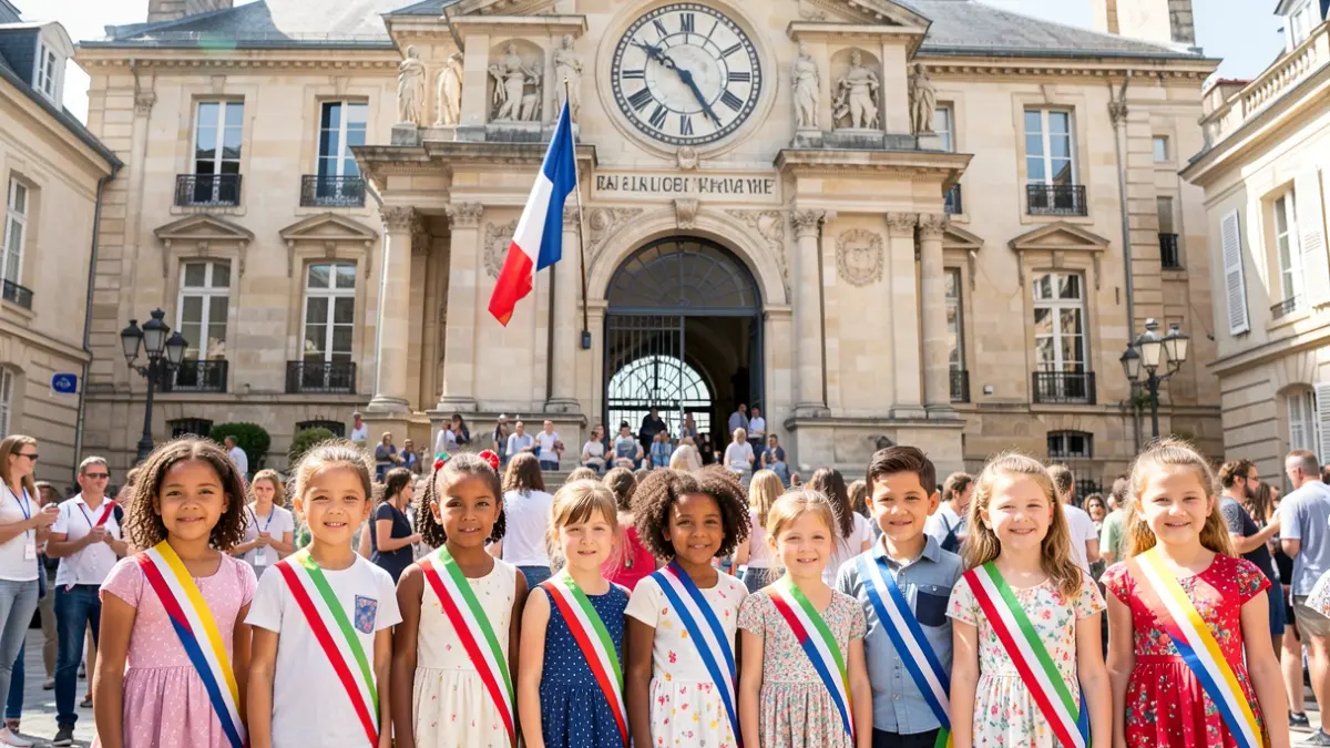 Generic image of young elected officials wearing tricolor sashes in front of a town hall.