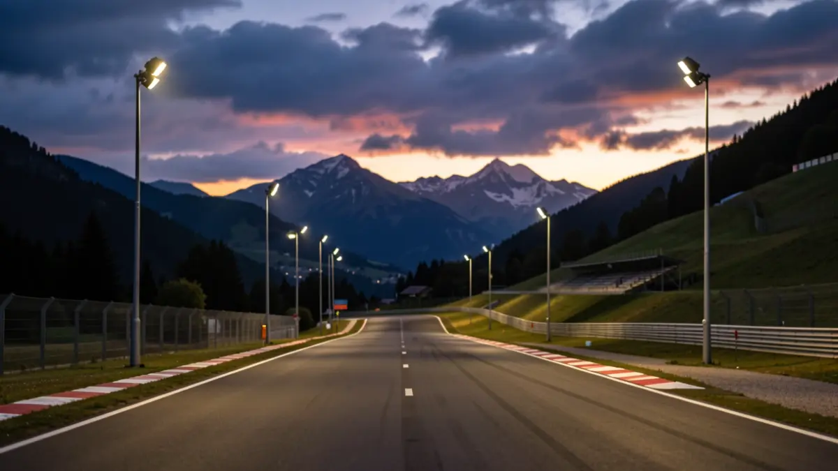 Image générique d'une piste de course cycliste vide dans une région montagneuse d'Auvergne-Rhône-Alpes au crépuscule, avec des poteaux d'éclairage temporaires installés le long du parcours.