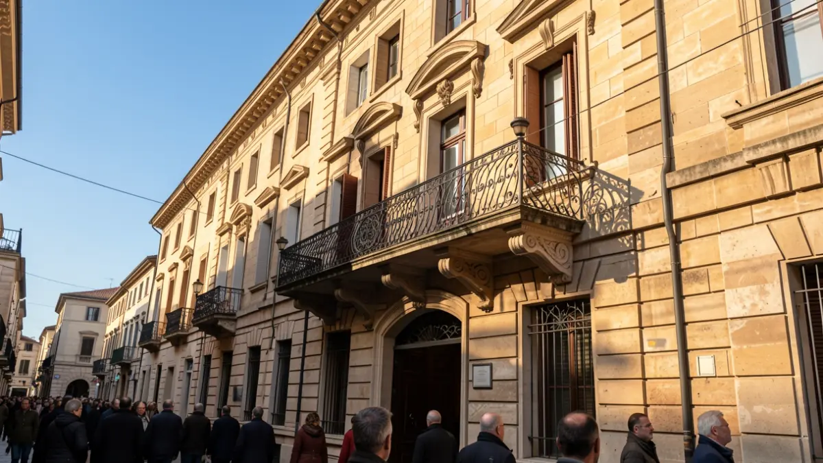 Generic image of a town hall facade with ornate balcony and iron railings, warm afternoon sunlight casting shadows on the sandstone walls, blue sky. No people visible.
