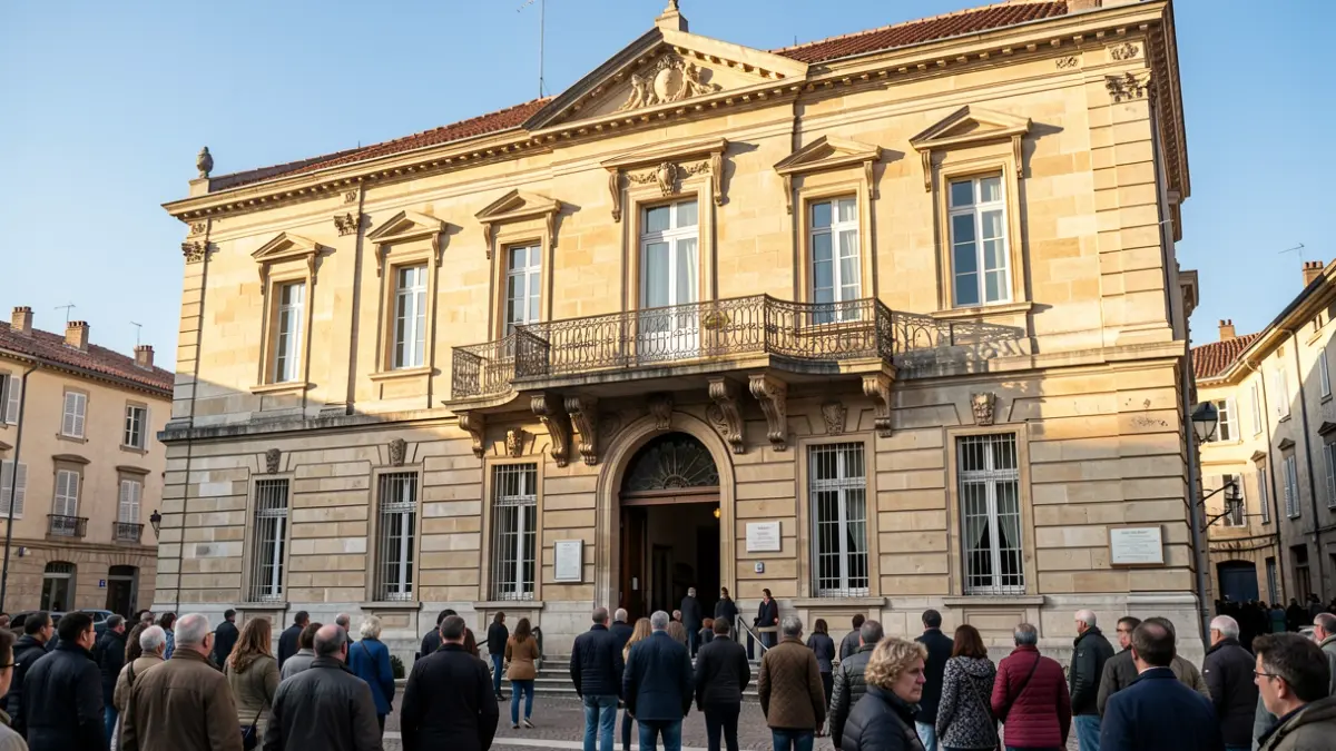 Façade de la mairie de Villefranche-sur-Saône, un bâtiment historique en pierre avec balcon ouvragé et rambardes en fer forgé, sous un chaud soleil d'après-midi.
