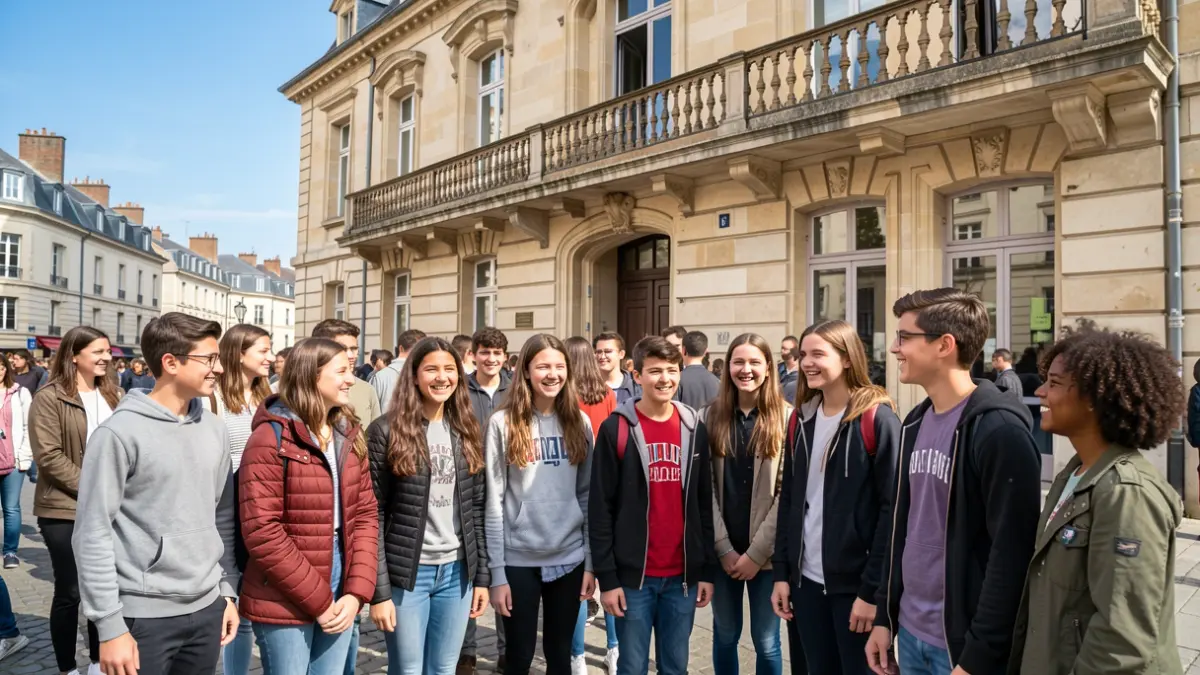 Generic image of a group of young people in front of a municipal building. Never use proper names. Never claim it shows the real thing.